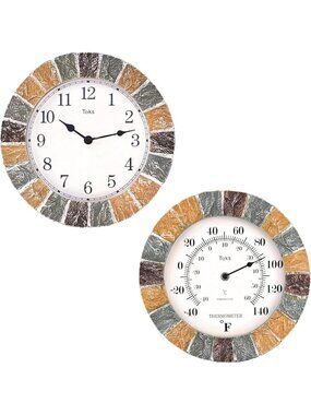 10-Inch Indoor/Outdoor Hanging Wall Clock & Thermometer Set - Stone Frame Decor